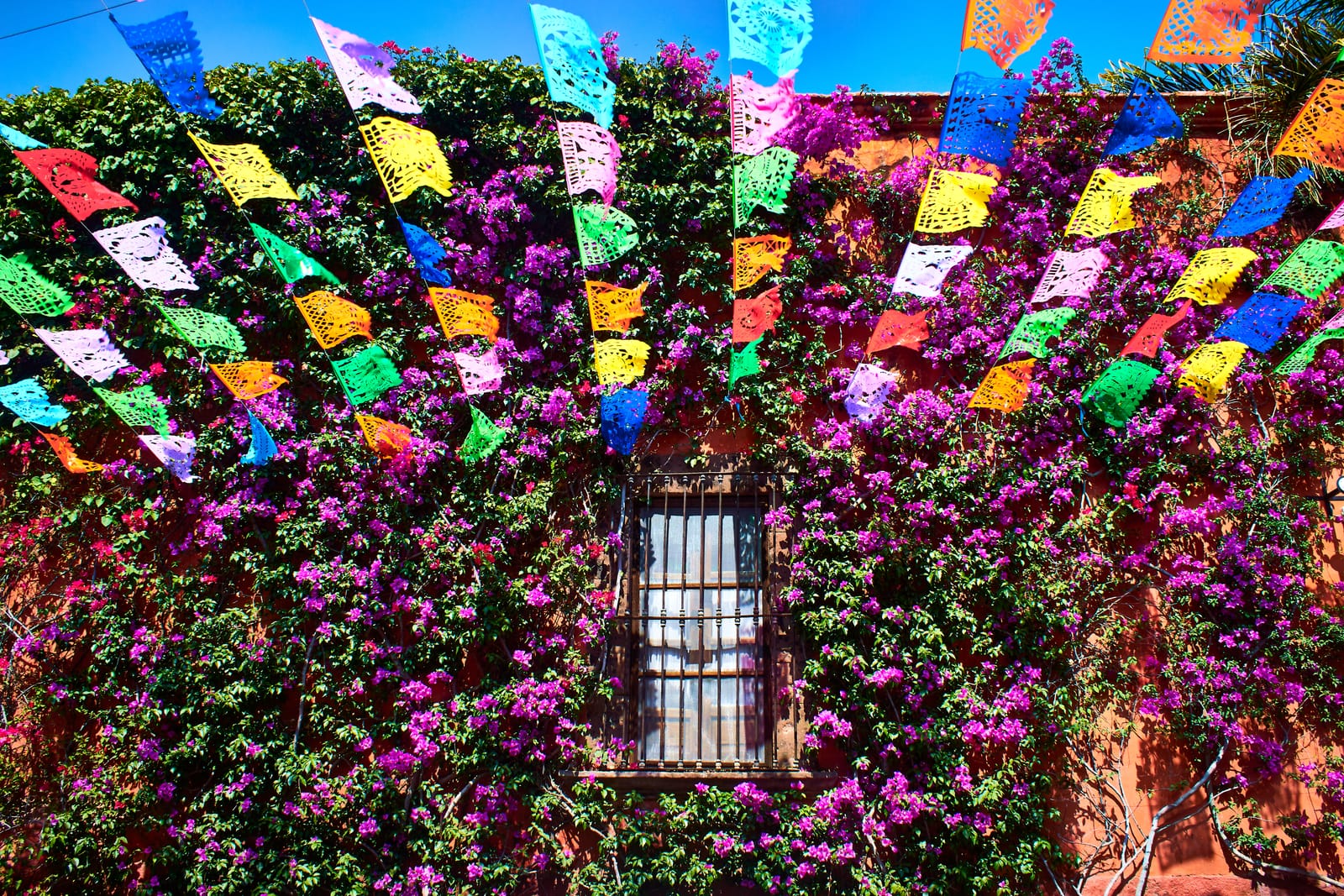 Papel picado banners over bougainvillea-covered walls in San Miguel de Allende