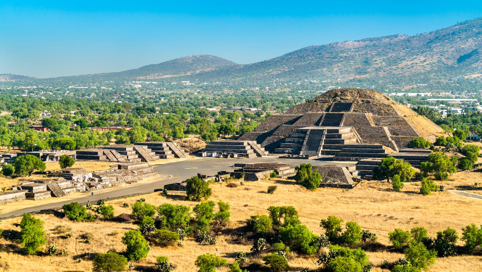 View over Teotihuacán to the Pyramid of the Moon, with mountains behind