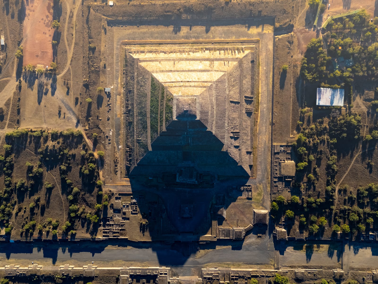 Aerial view of the Pyramid of the Sun casting its shadow