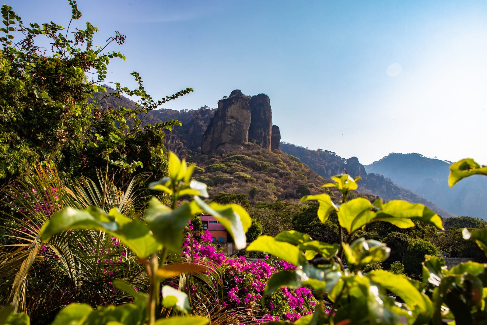Rocky spires above Tepoztlán framed by bougainvillea and greenery