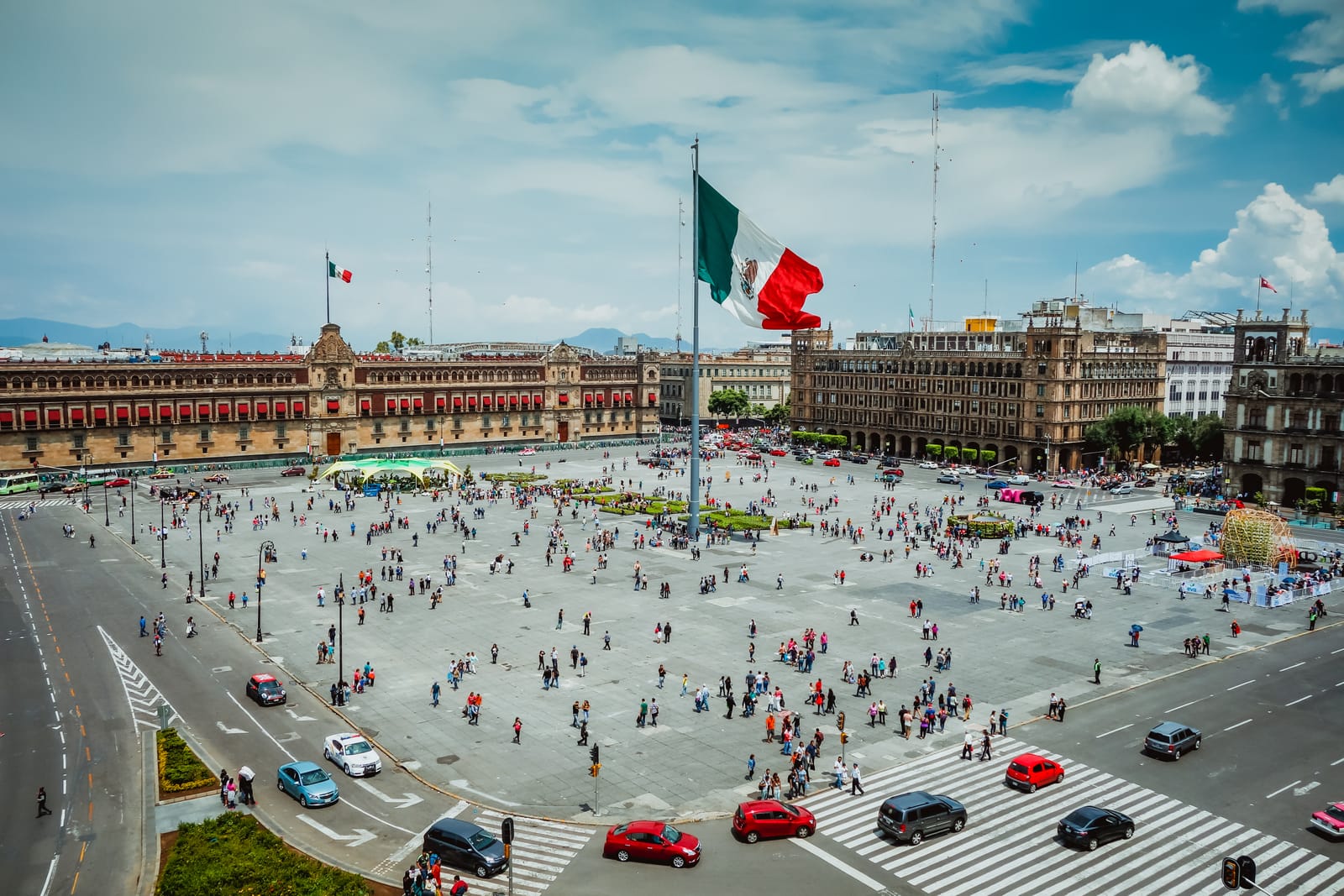 Aerial view of the Zócalo with the giant Mexican flag and the National Palace